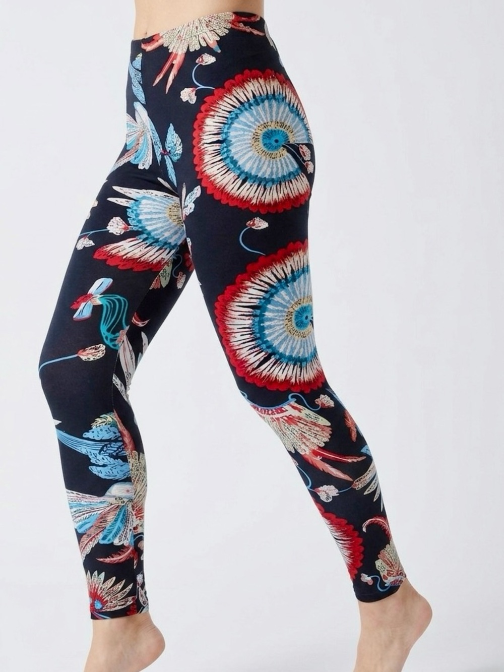 BOHO Tribal Indian Feather High Waisted Leggings w Elastic Waistband